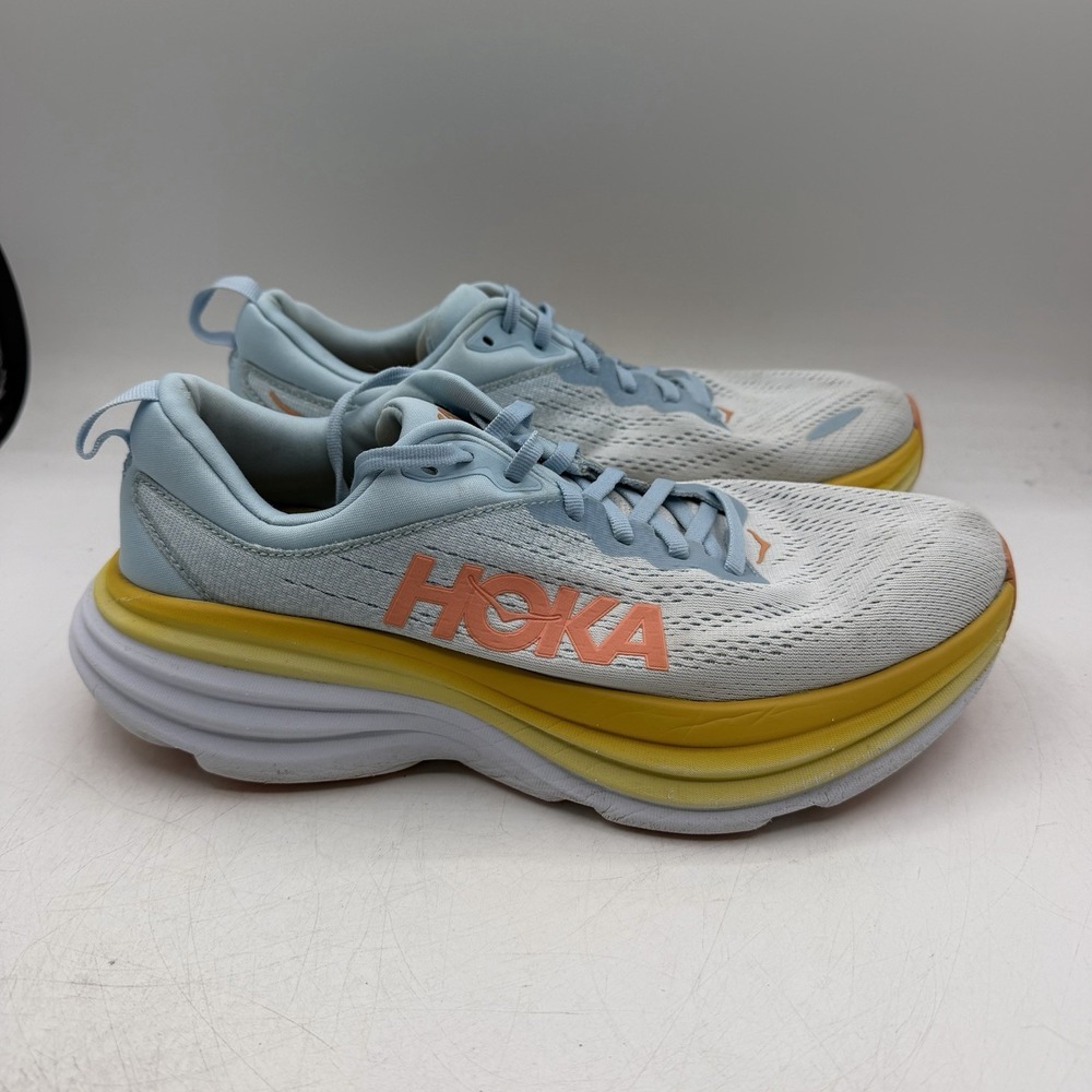 Hoka One One Bondi 8 Running Shoes Womens Sz 9 B Blue Yellow Athletic Sneakers